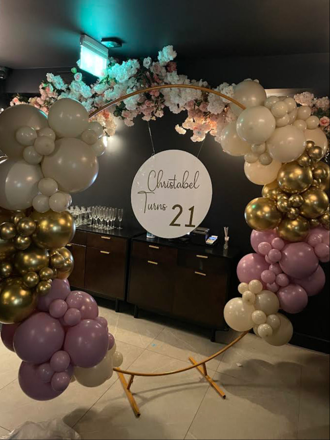 Gold ring with Premium Half Organic Balloon Garland & Personalised acrylic board